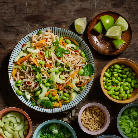 En bild på en skål med risnudelsallad med sojabönor, gurka, morot, salladslök och jordnötter.